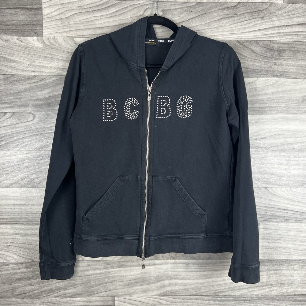 BCBGMaxazria Full Zip Jacket‎ Womens L Black Long Sleeve Hooded Bling Rhinestone